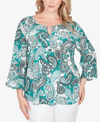 Hearts Of Palm Plus Printed Woven Crinkle 3/4 Sleeve Top