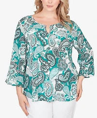 Hearts Of Palm Plus Printed Woven Crinkle 3/4 Sleeve Top