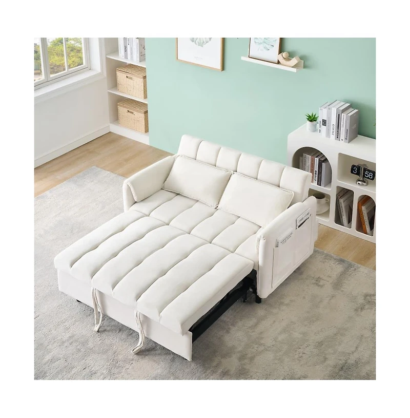 Maison Boucle 53" Pull-Out Sleeper Loveseat Sofa Bed, Convertible 3-in-1 Velvet Couch with Side Pockets & Back Support for Small Spaces-Maison