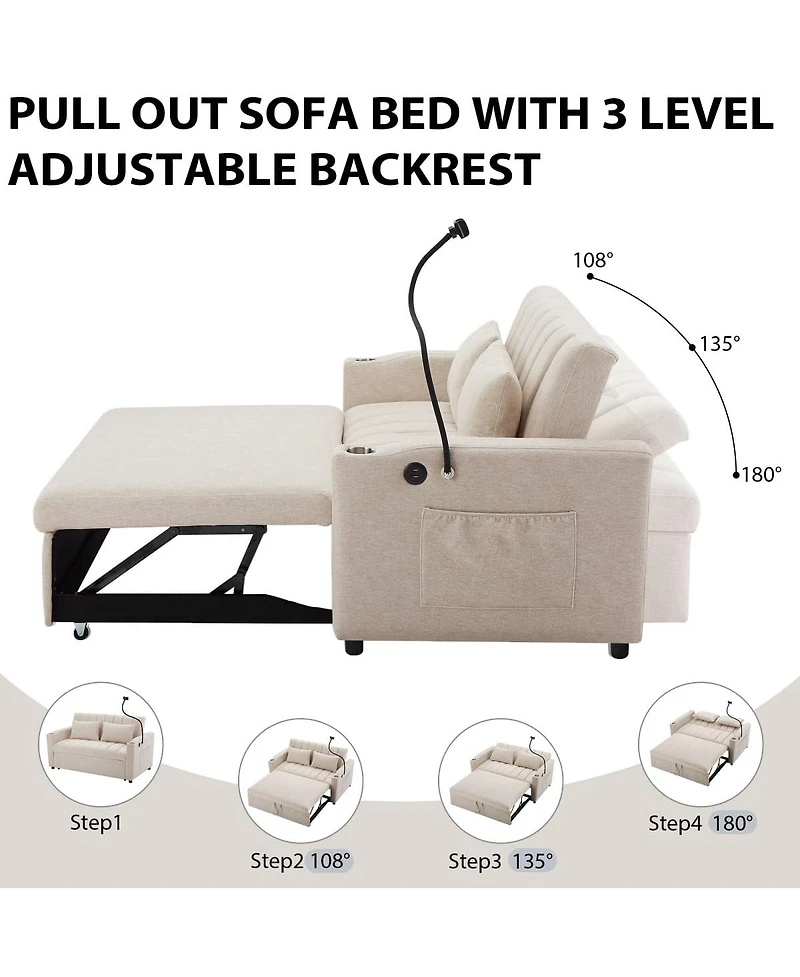 Maison Boucle 55.9" Pull Out Sofa Bed with Usb Ports, Cup Holders & Side Pockets, Adjustable Backrest Convertible Sleeper for Small Spaces-Maison Bouc