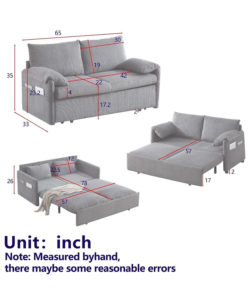 Maison Boucle 64.5 Inch 3-in-1 Corduroy Pull-Out Sleeper Sofa, Adjustable Loveseat Bed with Storage Pockets & 2 Pillows-Maison Boucle