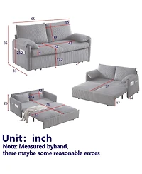 Maison Boucle 64.5 Inch 3-in-1 Corduroy Pull-Out Sleeper Sofa, Adjustable Loveseat Bed with Storage Pockets & 2 Pillows-Maison Boucle