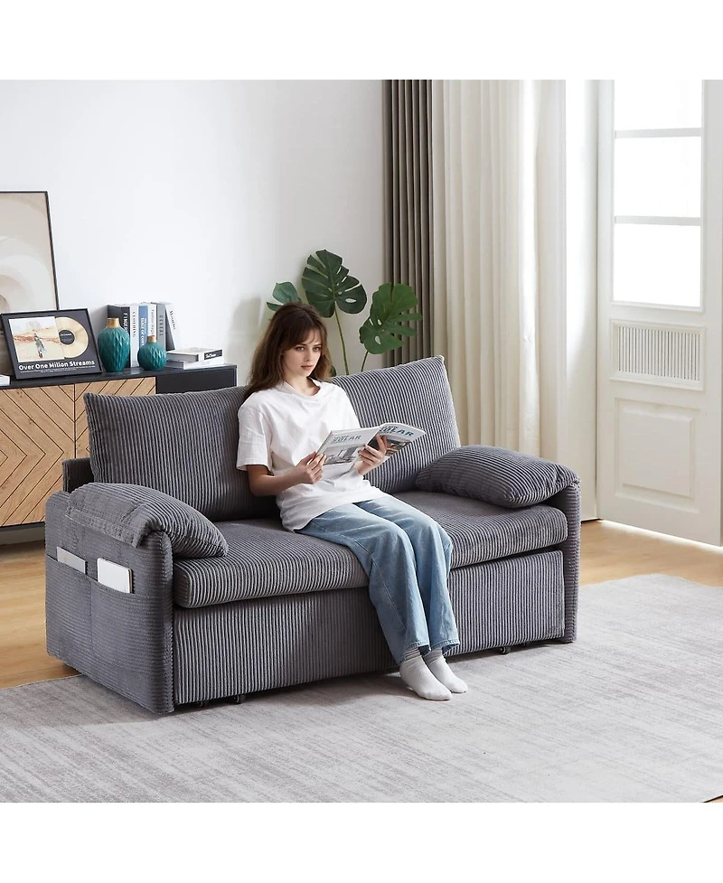 Maison Boucle 64.5 Inch 3-in-1 Corduroy Pull-Out Sleeper Sofa, Adjustable Loveseat Bed with Storage Pockets & 2 Pillows-Maison