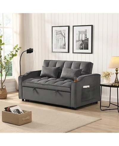 Maison Boucle 55.1" Velvet Pull Out Sofa Bed with Usb & Phone Stand, Convertible Loveseat Sleeper for Guest Room or Office-Maison