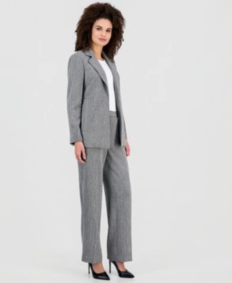 Anne Klein Womens Herringbone Open Front Blazer Herringbone Wide Leg Pants