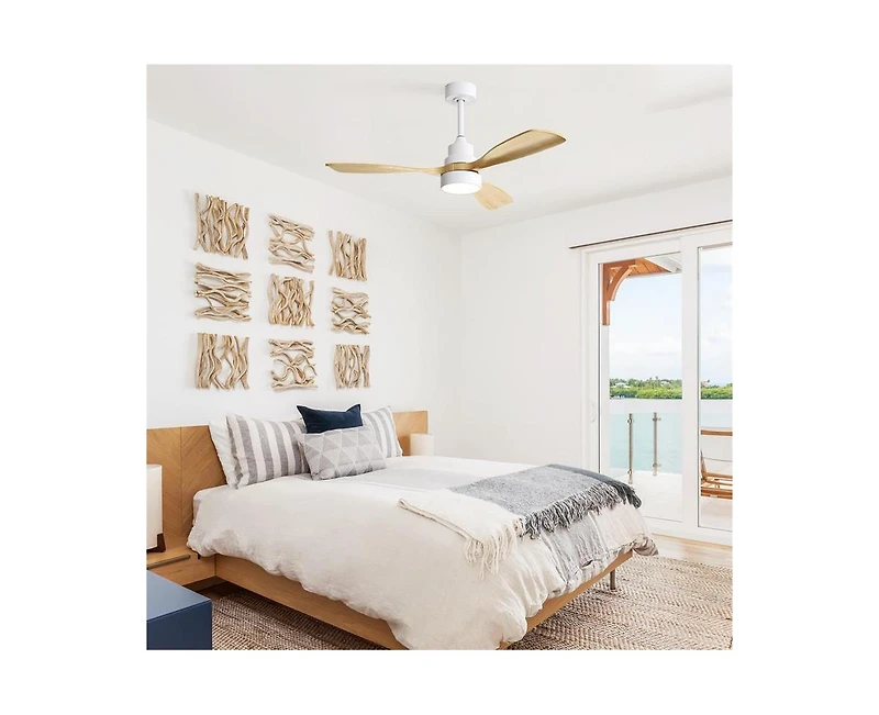 48-inch Modern White Downrod Indoor Walnut Wood 3-Blade Led Ceiling Fan Light with Remote Control Support Six Speed Ajustable