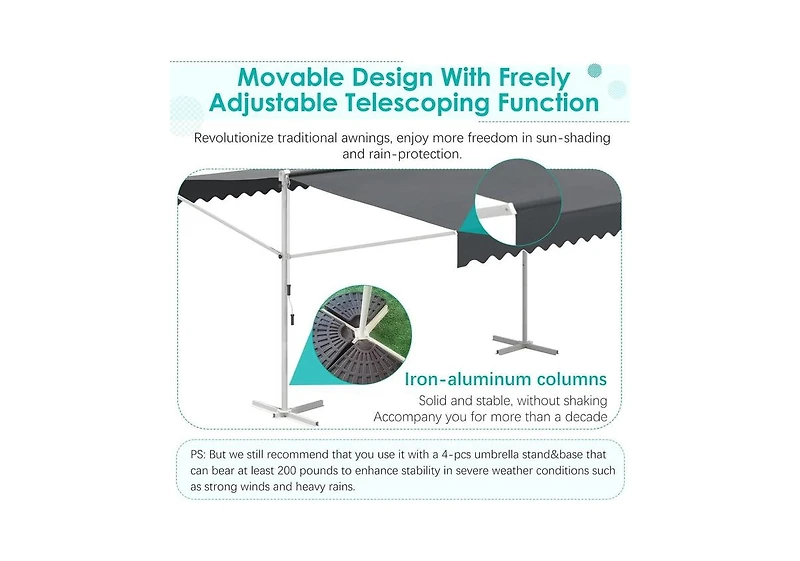 Aecojoy Free Standing Retractable Awning, 10'x10' Dual Side Patio Awnings Outdoor Manual Sun Shade Shelte