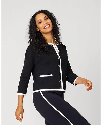 Cable & Gauge Women's Contrast Trim Crewneck Cardigan