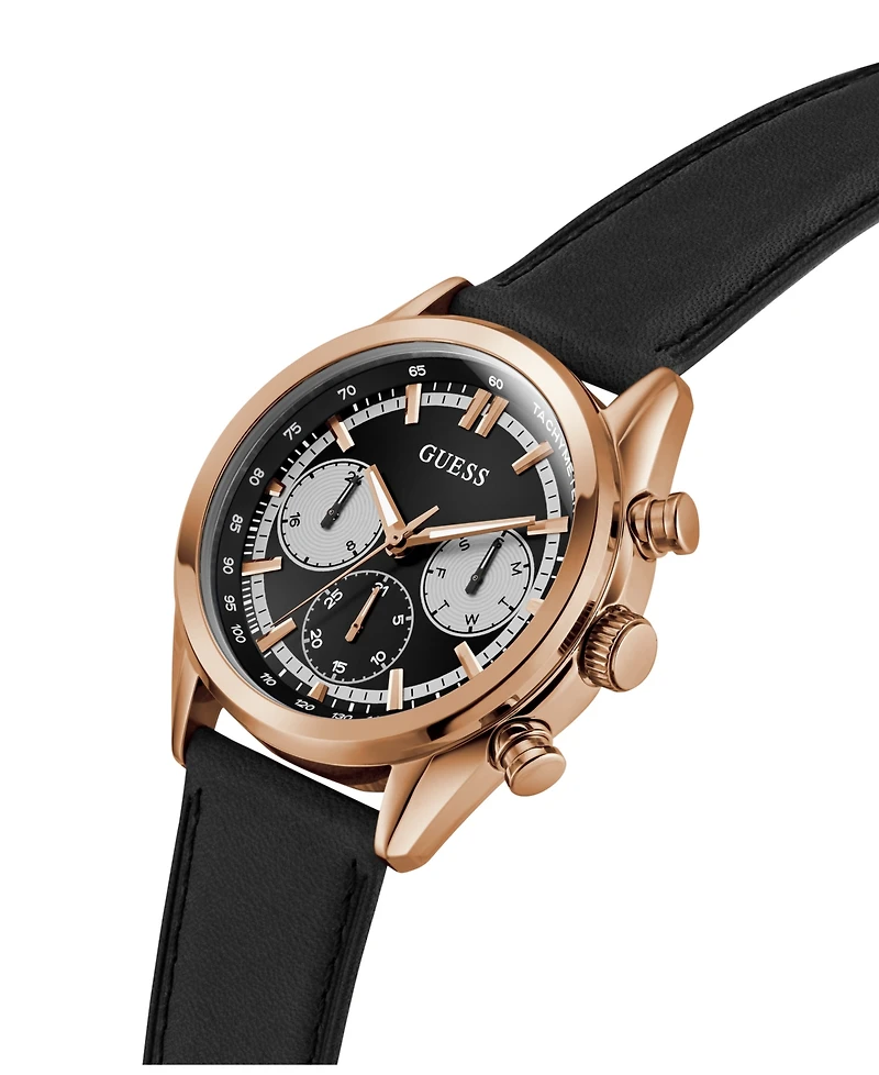 Guess Men's Rose Gold-Tone Black Leather Multi-Function Watch, 44mm