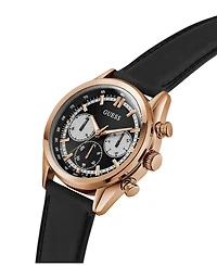 Guess Men's Rose Gold-Tone Black Leather Multi-Function Watch, 44mm