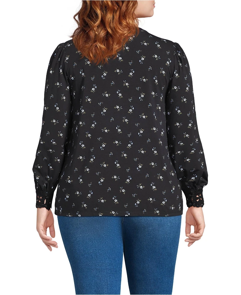 Lands' End Plus Lightweight Jersey Long Sleeve Button Front Pintuck Top