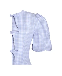 Miss Circle Women's Qusayla Baby Blue Gingham Bubble Sleeve Bowtie Top