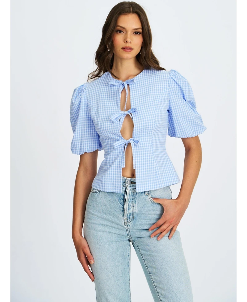 Miss Circle Women's Qusayla Baby Blue Gingham Bubble Sleeve Bowtie Top