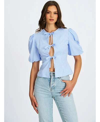 Miss Circle Women's Qusayla Baby Blue Gingham Bubble Sleeve Bowtie Top