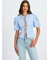 Miss Circle Women's Qusayla Baby Blue Gingham Bubble Sleeve Bowtie Top