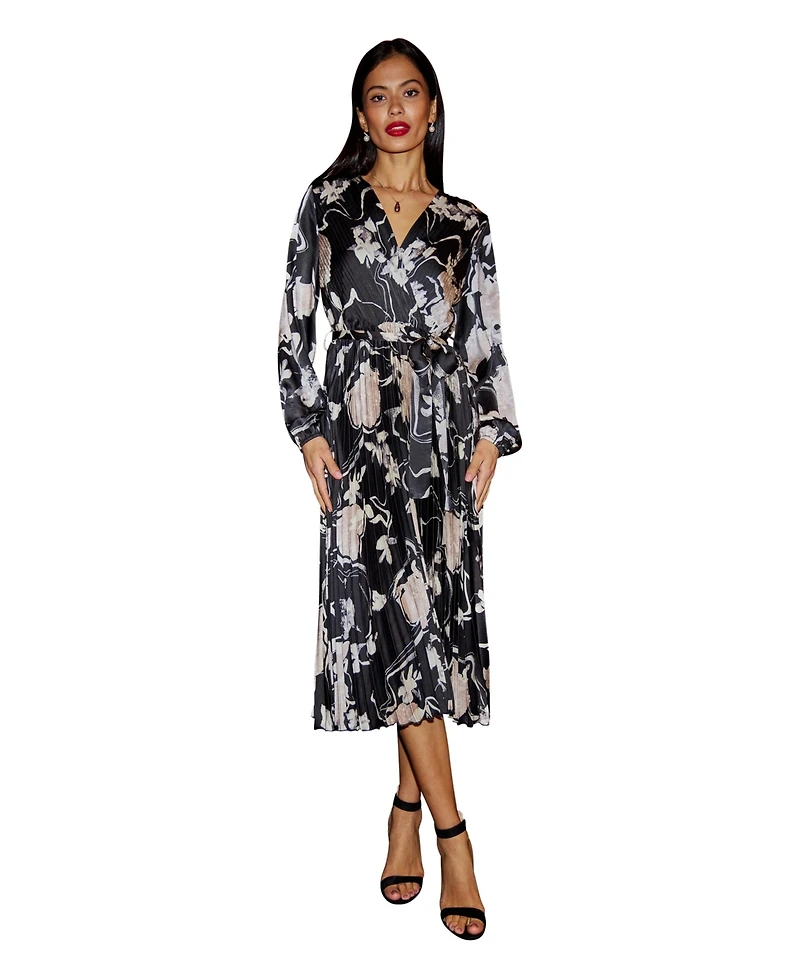 Yumi Women's Floral Satin Long Sleeve Midi Dress