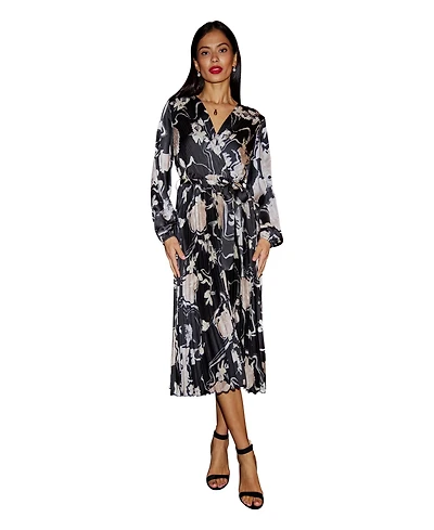 Yumi Women's Floral Satin Long Sleeve Midi Dress
