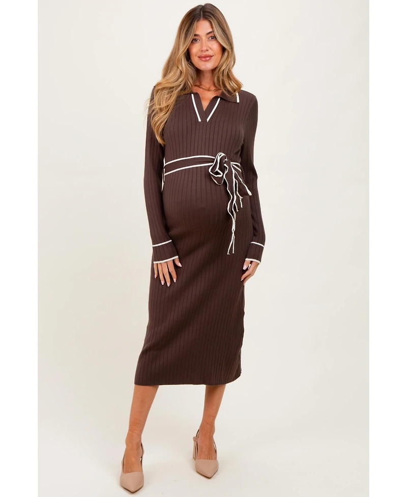 Pinkblush Maternity Brown Soft Stretchy Rib Fitted Sweater Midi Dress