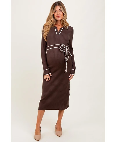 Pinkblush Maternity Brown Soft Stretchy Rib Fitted Sweater Midi Dress