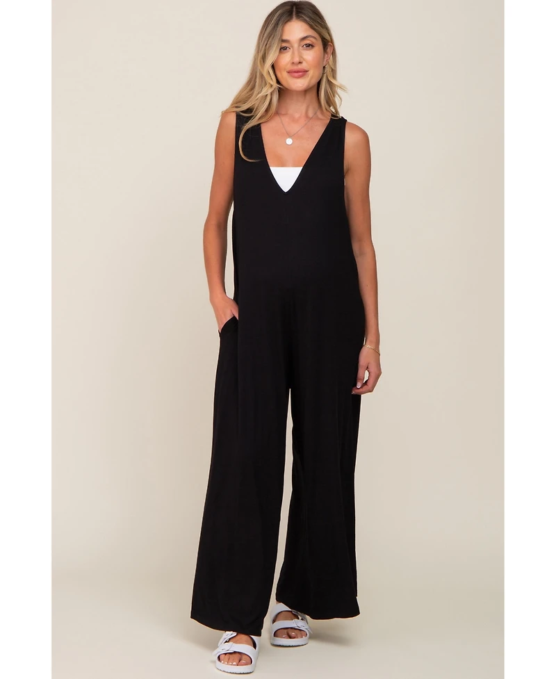 Pinkblush Maternity Black Deep V Sleeveless Wide Leg Jumpsuit