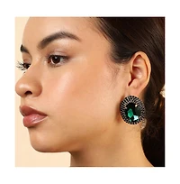 Sohi Women's Green Embellished Oval Stud Earrings