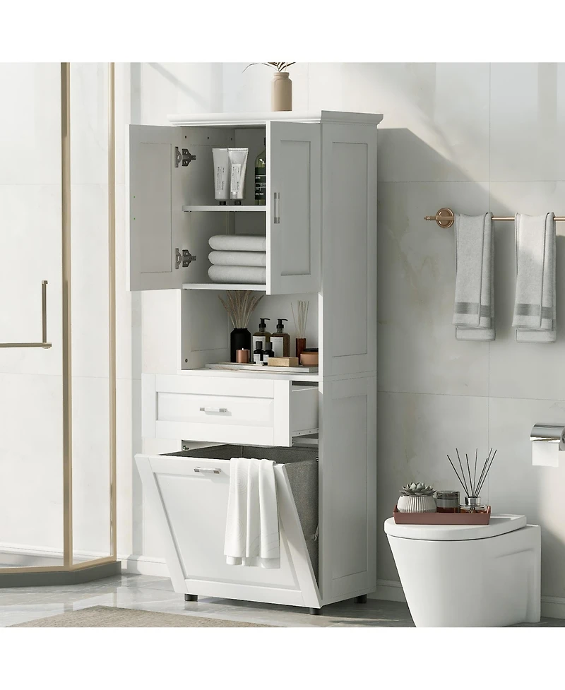 Casainc Tall Bathroom Cabinet with Laundry Basket, Tilt-Out Hamper and Upper Storage