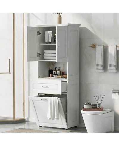 Casainc Tall Bathroom Cabinet with Laundry Basket, Tilt-Out Hamper and Upper Storage