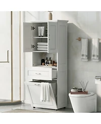 Casainc Tall Bathroom Cabinet with Laundry Basket, Tilt-Out Hamper and Upper Storage