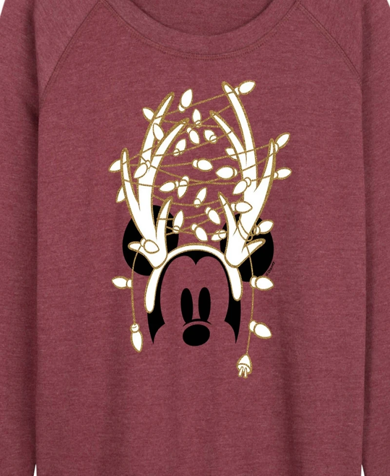 Hybrid Apparel Disney Mickey Mouse Antlers ans Christmas Lights Women's French Terry Long Sleeve Shirt