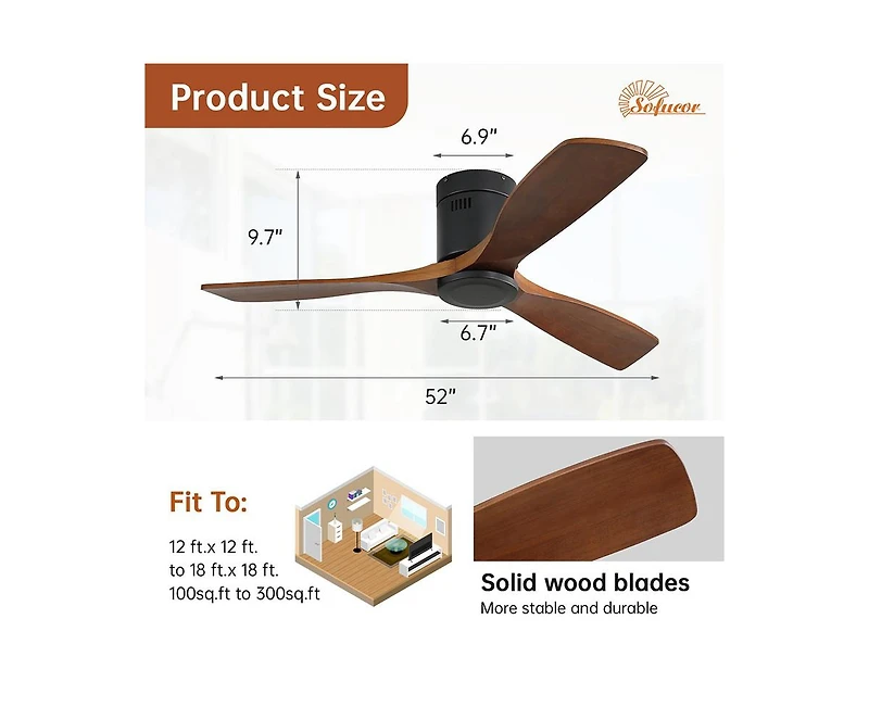 52-inch Modern 3 Solid Wood Blade Ceiling Fan with 6-speed Remote Control and Forward Reverse Rotation Function for Indoor