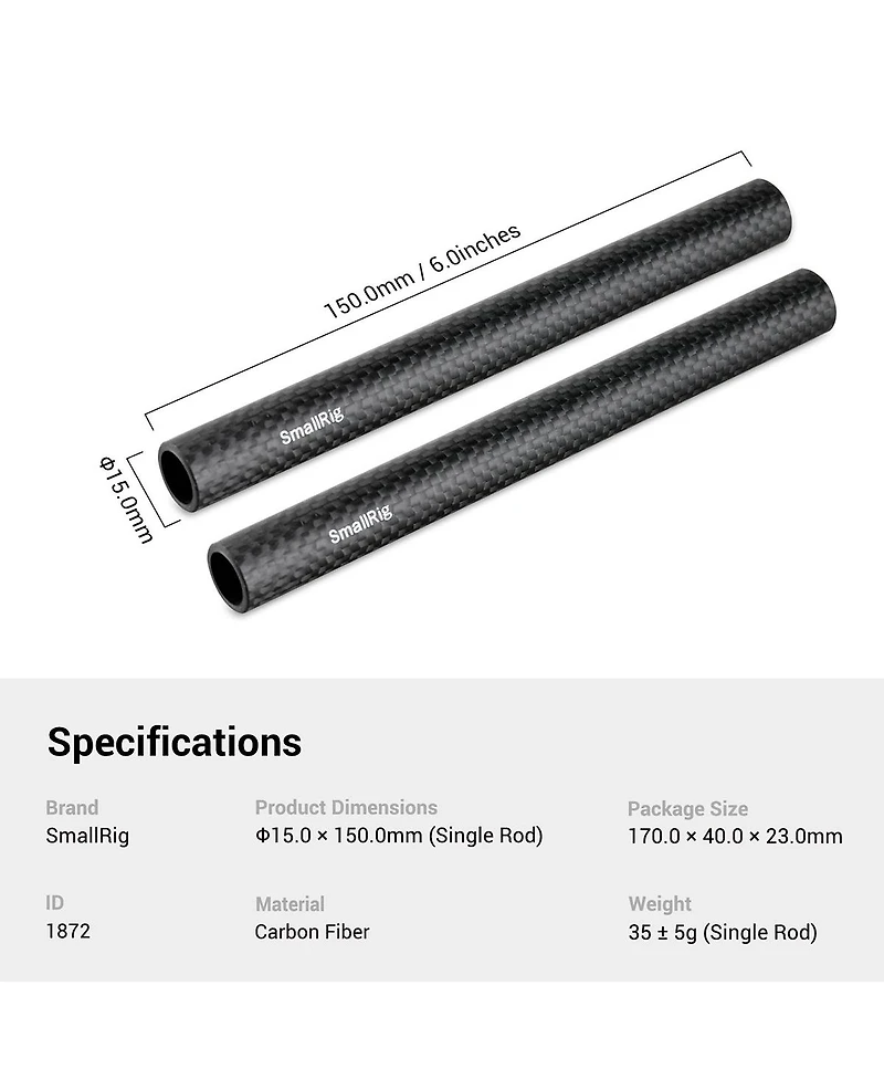 SmallRig 15mm Carbon Fiber Rod, 6", 2-Pack