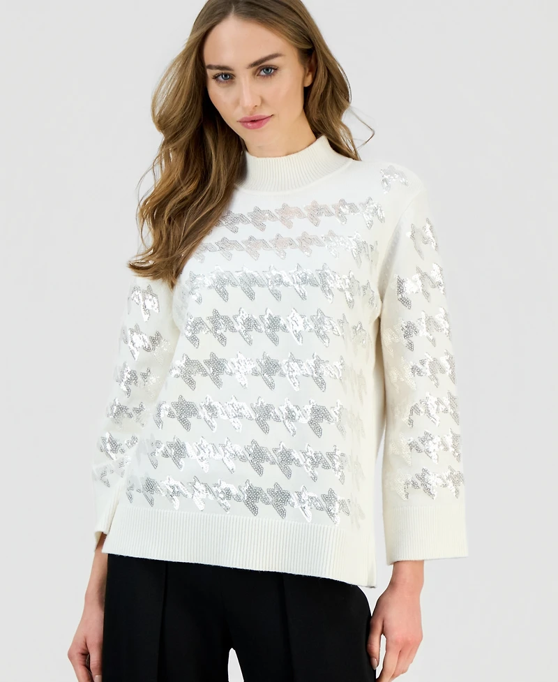 Anne Klein Petite Sequin Houndstooth Mock-Neck Sweater