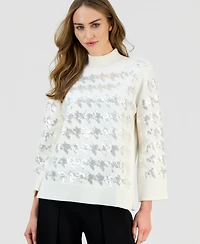 Anne Klein Petite Sequin Houndstooth Mock-Neck Sweater