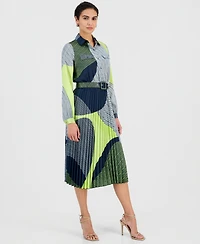 T Tahari Women's Printed Belted Pleated Midi Dress