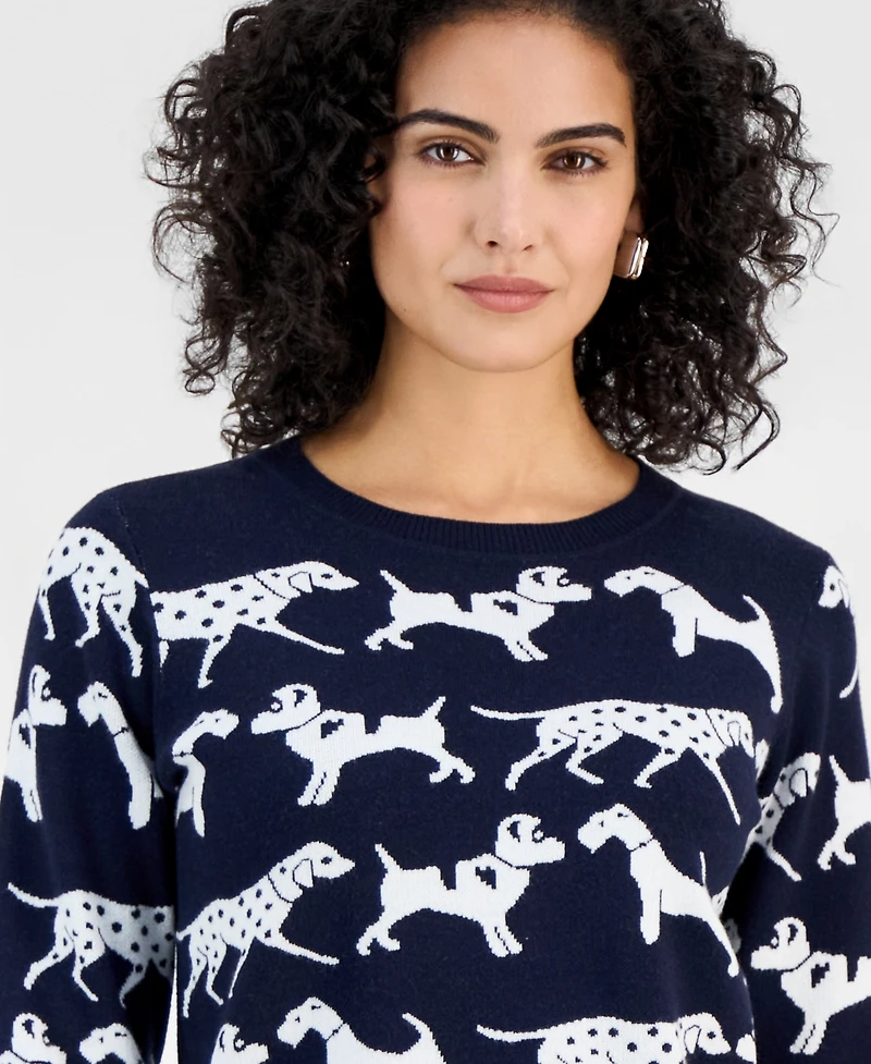T Tahari Women's Dog Jacquard Crewneck Sweater