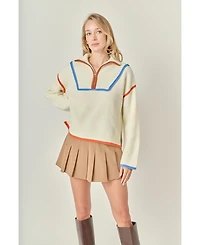 English Factory Women's Contrast Piping Quarter Zip Sweater