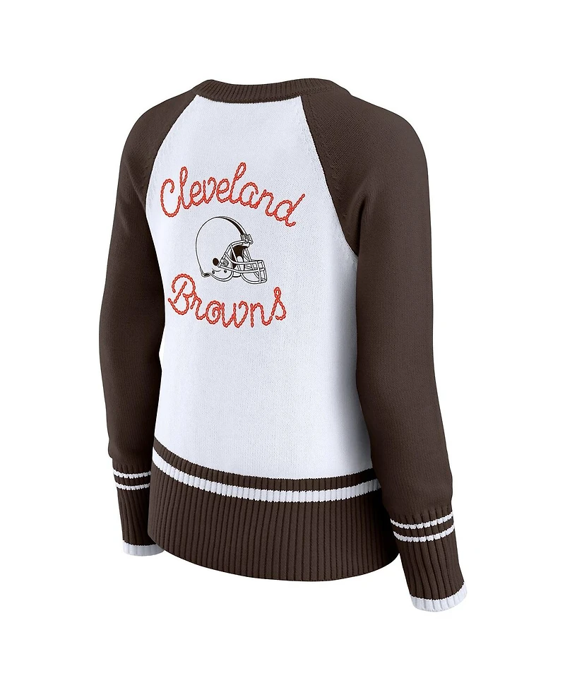 Wear by Erin Andrews Women's White/Brown Cleveland Browns Color Block Raglan Sweater