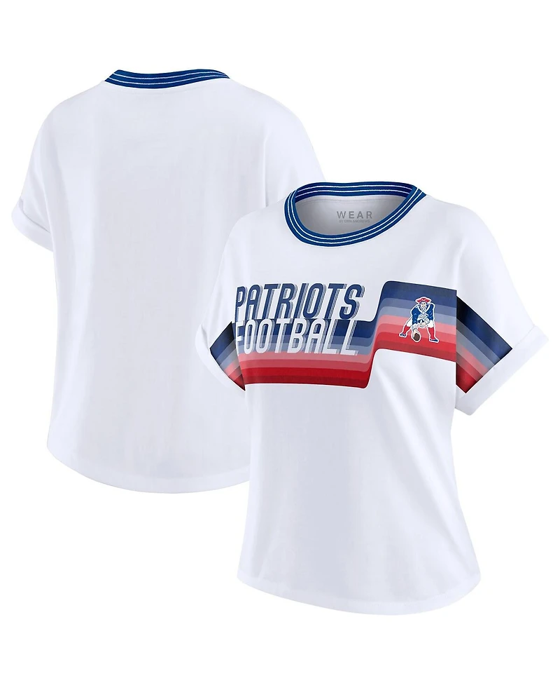 Wear by Erin Andrews Women's White New England Patriots Cropped Center Stripe Dolman T-Shirt