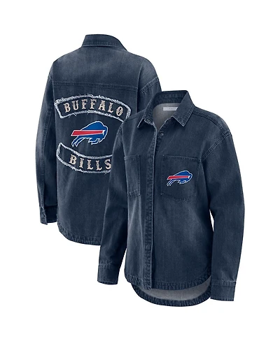 Wear by Erin Andrews Women's Denim Buffalo Bills Washed Oversized Full-Snap Shacket