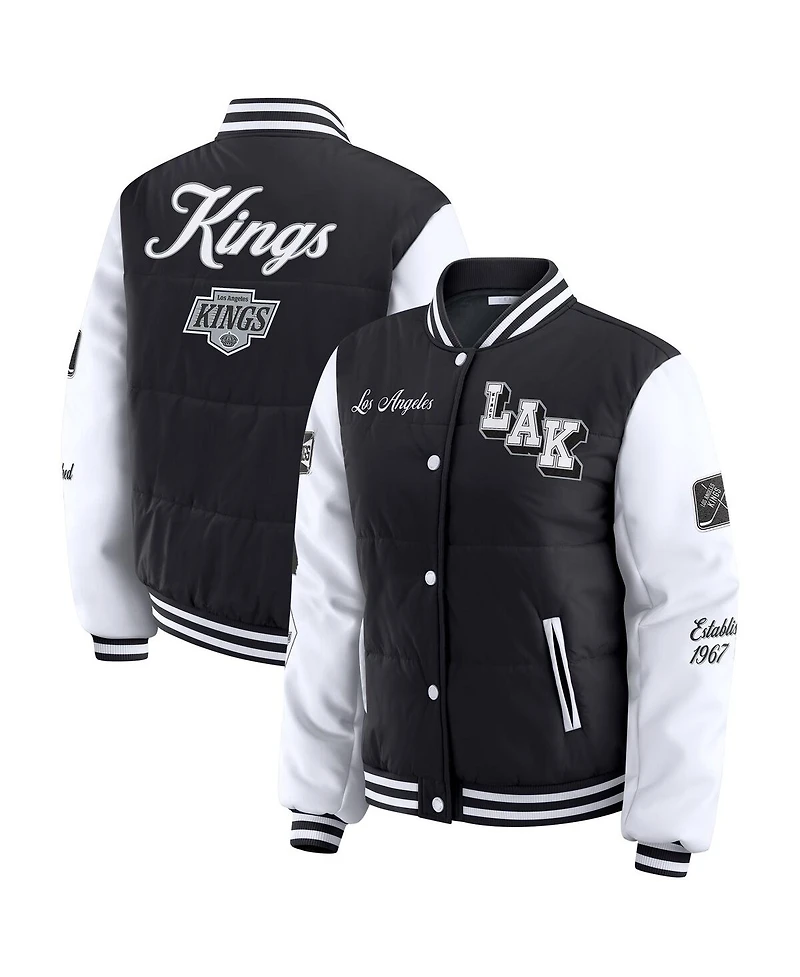 Wear by Erin Andrews Women's Black/White Los Angeles Kings Varsity Full-Snap Puffer Jacket