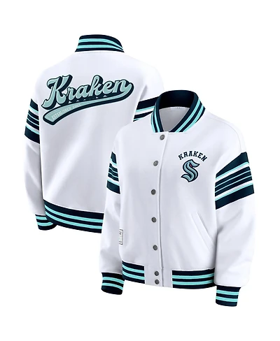 Wear by Erin Andrews Women's White/Deep Sea Blue Seattle Kraken Full-Snap Fleece Sweatshirt Jacket