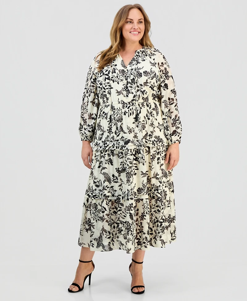 Anne Klein Plus Printed Tie-Neck Tiered Maxi Dress
