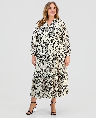 Anne Klein Plus Printed Tie-Neck Tiered Maxi Dress