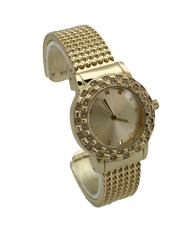 Gold Thick Bangle Watch With Rhinestone Details
