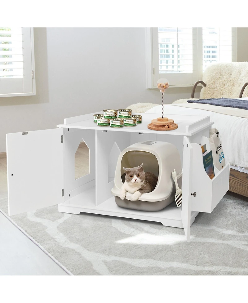 Gymax Large Side Table Furniture Wooden Cat Litter Box Enclosure Magazine Rack