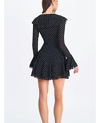 Miss Circle Women Omari Black Chiffon Polka Dot Ruffled Neckline Mini Dress