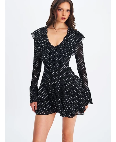Miss Circle Women Omari Black Chiffon Polka Dot Ruffled Neckline Mini Dress