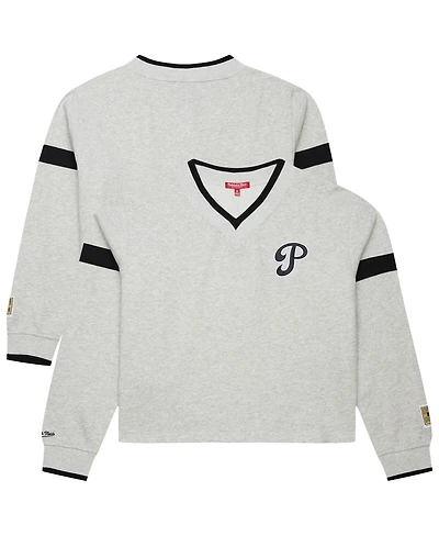 Mitchell & Ness Women's Heather Gray Philadelphia Phillies Cooperstown Collection V-Neck Cropped Toggle Sweatshirt