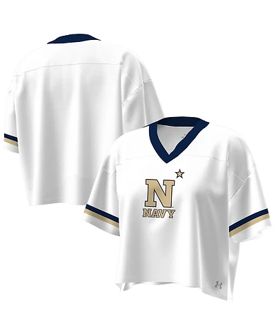 Under Armour Women's White Navy Midshipmen Fashion Jersey Boxy Cropped V-Neck T-Shirt