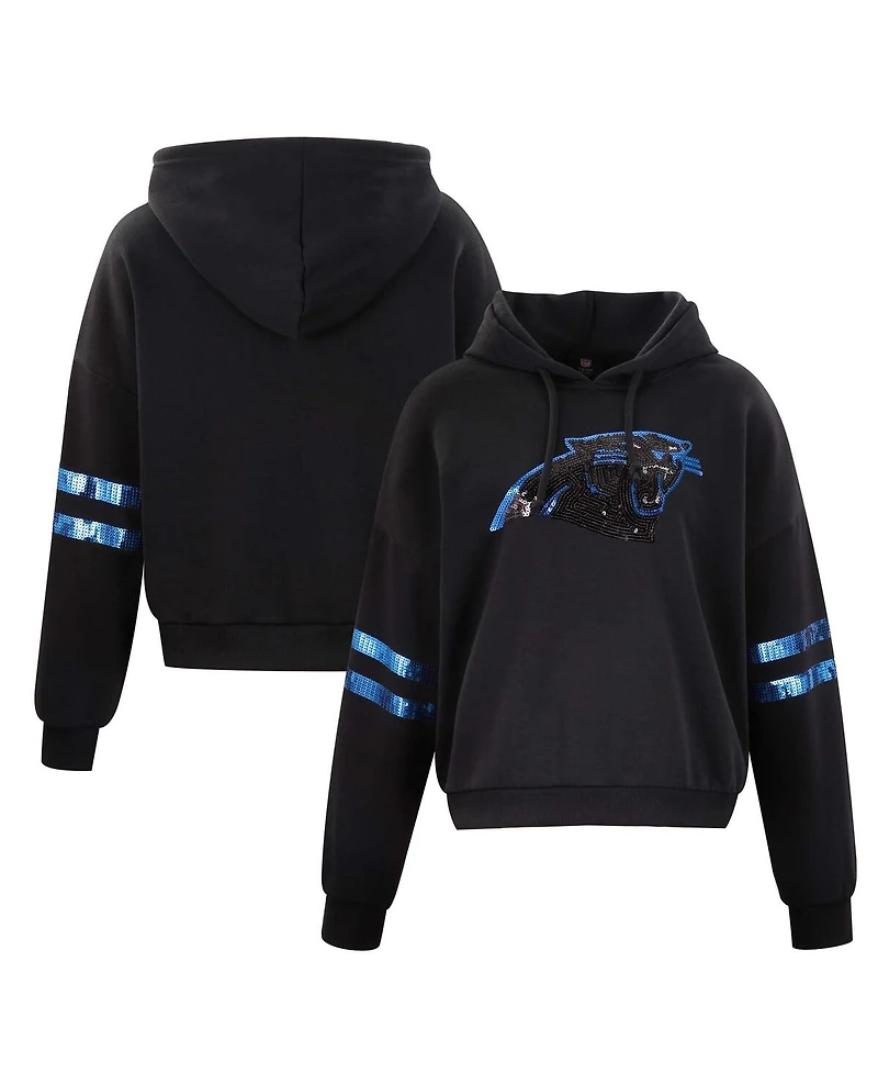 Cuce Women's Black Carolina Panthers Cropped Sequins Pullover Hoodie